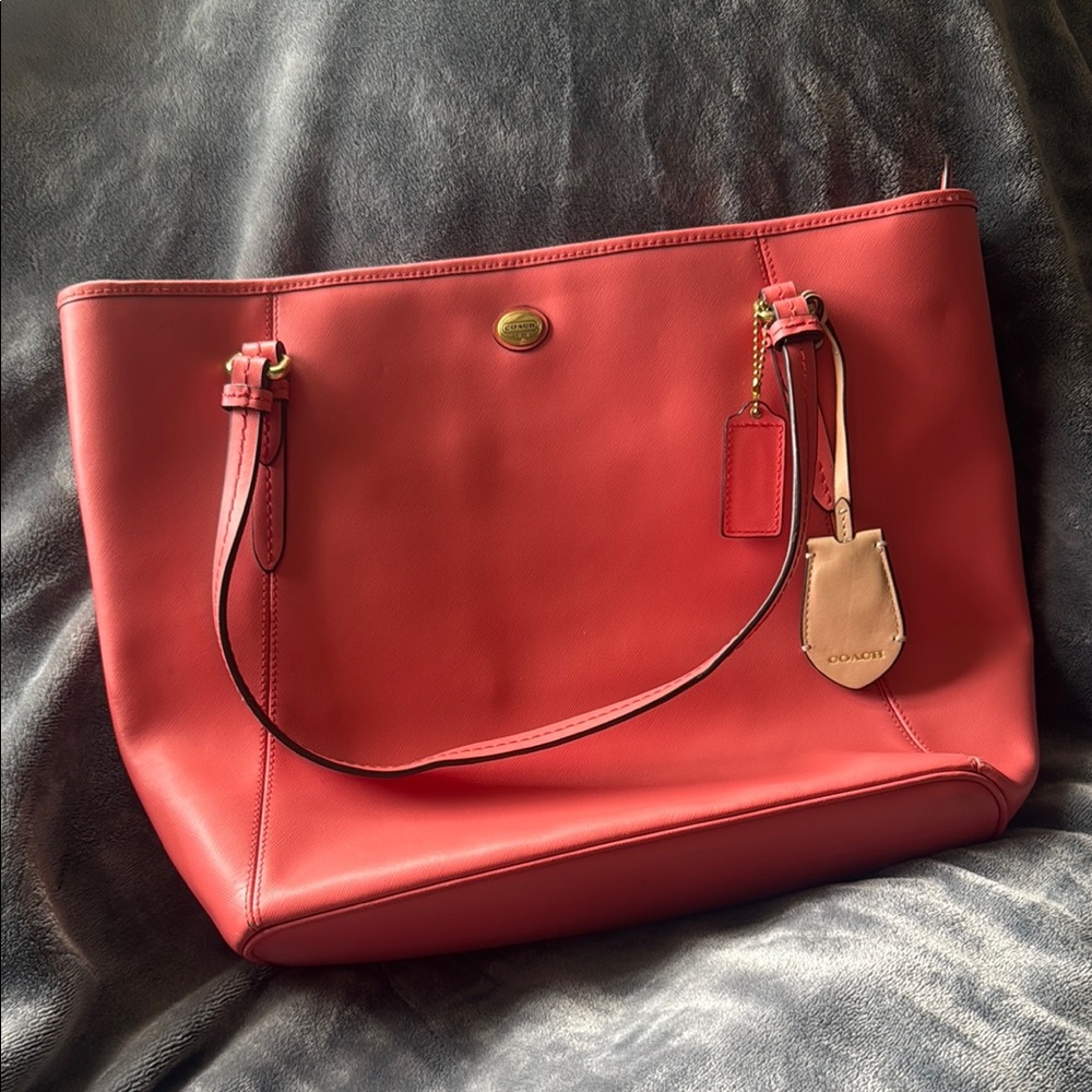 Coach Red Leather Tote with Gold Accents